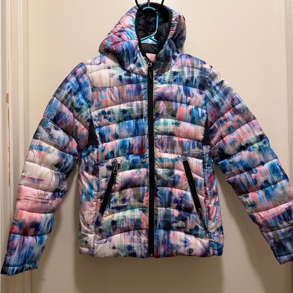 Girls' Watercolor Print Hooded Puffer Jacket - Multicolor